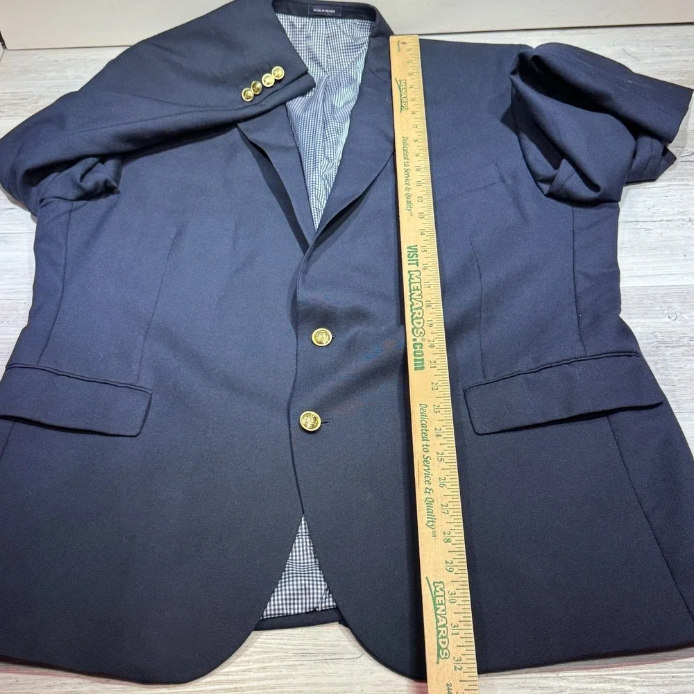 Stafford 48R Navy‎ Blue Gold Buttons Blazer Jacket Sport Suit Coat Wool Gingham